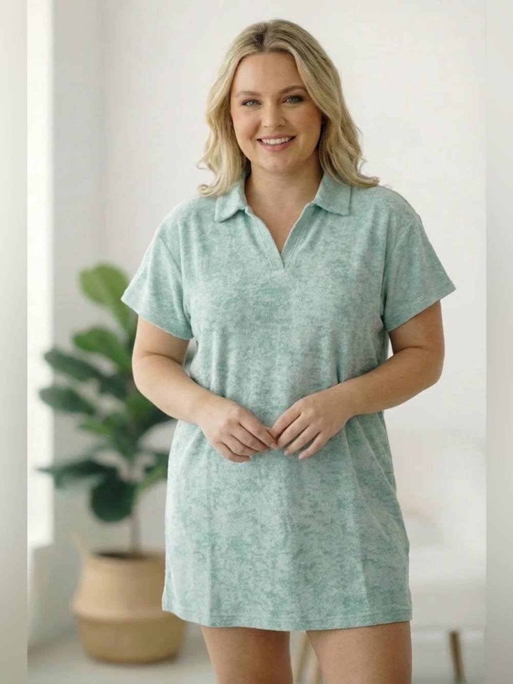 149 PLUS PS Kate Terrycloth Textured Open Collar V Neck Short Sleeve Dress